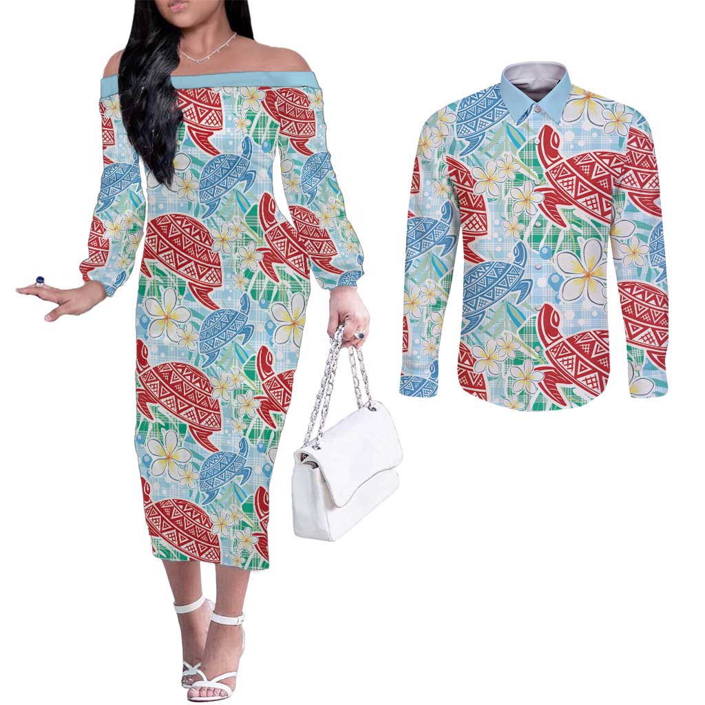 Palaka with Honu and Plumeria Couples Matching Off The Shoulder Long Sleeve Dress and Long Sleeve Button Shirt Hawaiian Heritage Spirit LT9 Blue - Polynesian Pride