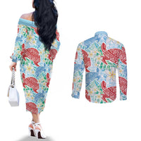 Palaka with Honu and Plumeria Couples Matching Off The Shoulder Long Sleeve Dress and Long Sleeve Button Shirt Hawaiian Heritage Spirit LT9 - Polynesian Pride