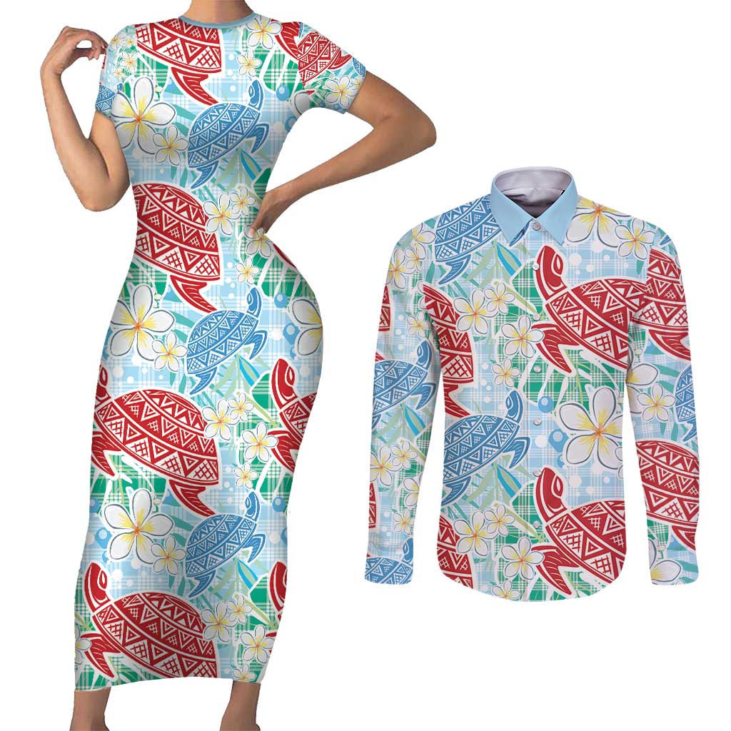 Palaka with Honu and Plumeria Couples Matching Short Sleeve Bodycon Dress and Long Sleeve Button Shirt Hawaiian Heritage Spirit LT9 Blue - Polynesian Pride
