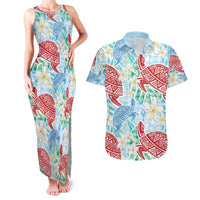 Palaka with Honu and Plumeria Couples Matching Tank Maxi Dress and Hawaiian Shirt Hawaiian Heritage Spirit LT9 Blue - Polynesian Pride
