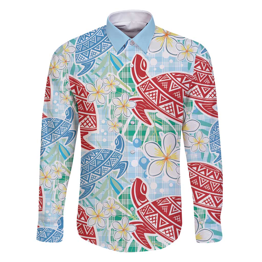 Palaka with Honu and Plumeria Family Matching Long Sleeve Bodycon Dress and Hawaiian Shirt Hawaiian Heritage Spirit LT9 Dad's Shirt - Long Sleeve Blue - Polynesian Pride