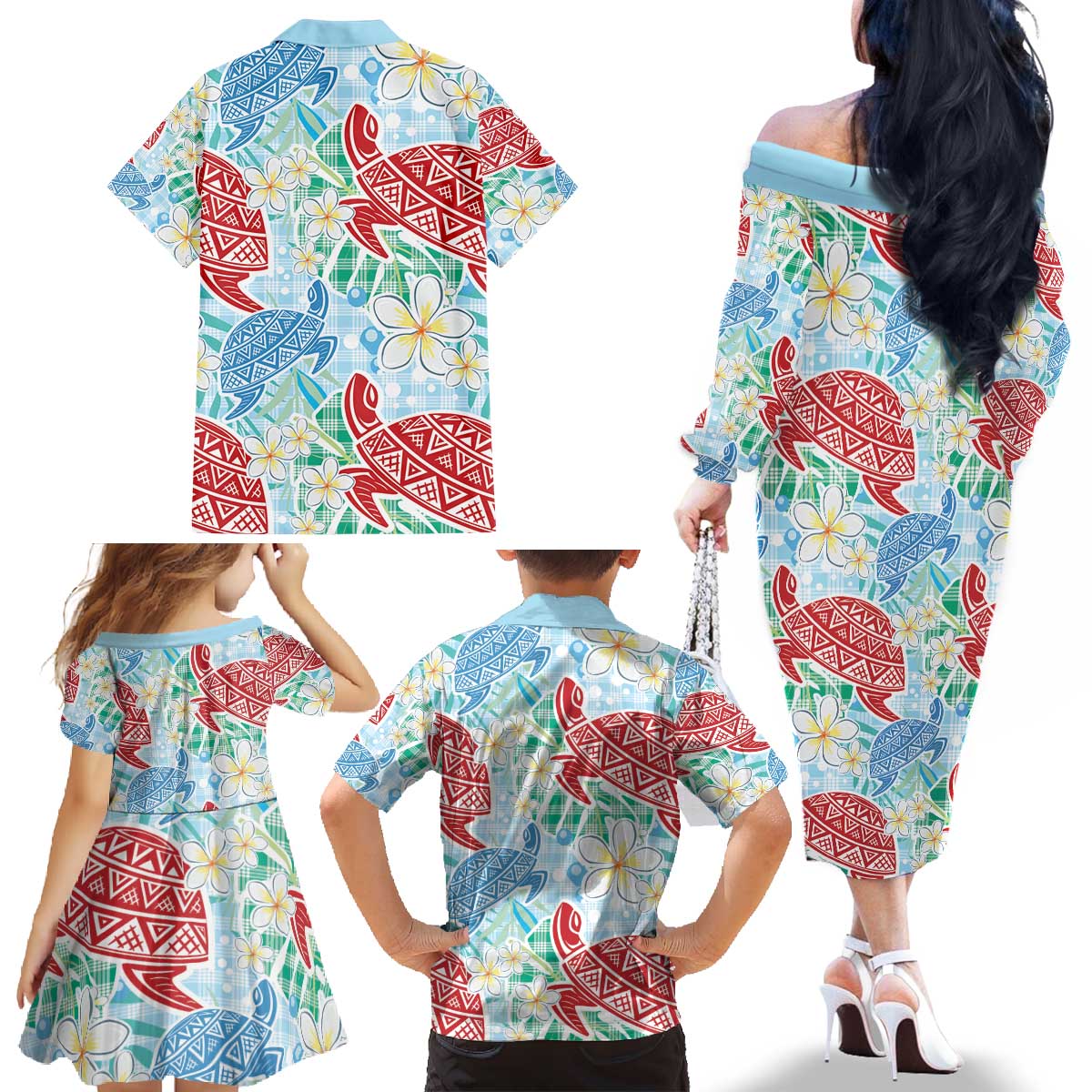 Palaka with Honu and Plumeria Family Matching Off The Shoulder Long Sleeve Dress and Hawaiian Shirt Hawaiian Heritage Spirit LT9 - Polynesian Pride