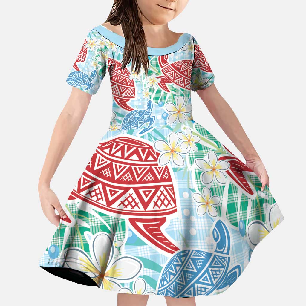 Palaka with Honu and Plumeria Family Matching Off Shoulder Maxi Dress and Hawaiian Shirt Hawaiian Heritage Spirit LT9 Daughter's Dress Blue - Polynesian Pride