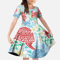 Palaka with Honu and Plumeria Family Matching Off Shoulder Maxi Dress and Hawaiian Shirt Hawaiian Heritage Spirit LT9 Daughter's Dress Blue - Polynesian Pride