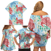 Palaka with Honu and Plumeria Family Matching Off Shoulder Short Dress and Hawaiian Shirt Hawaiian Heritage Spirit LT9 - Polynesian Pride