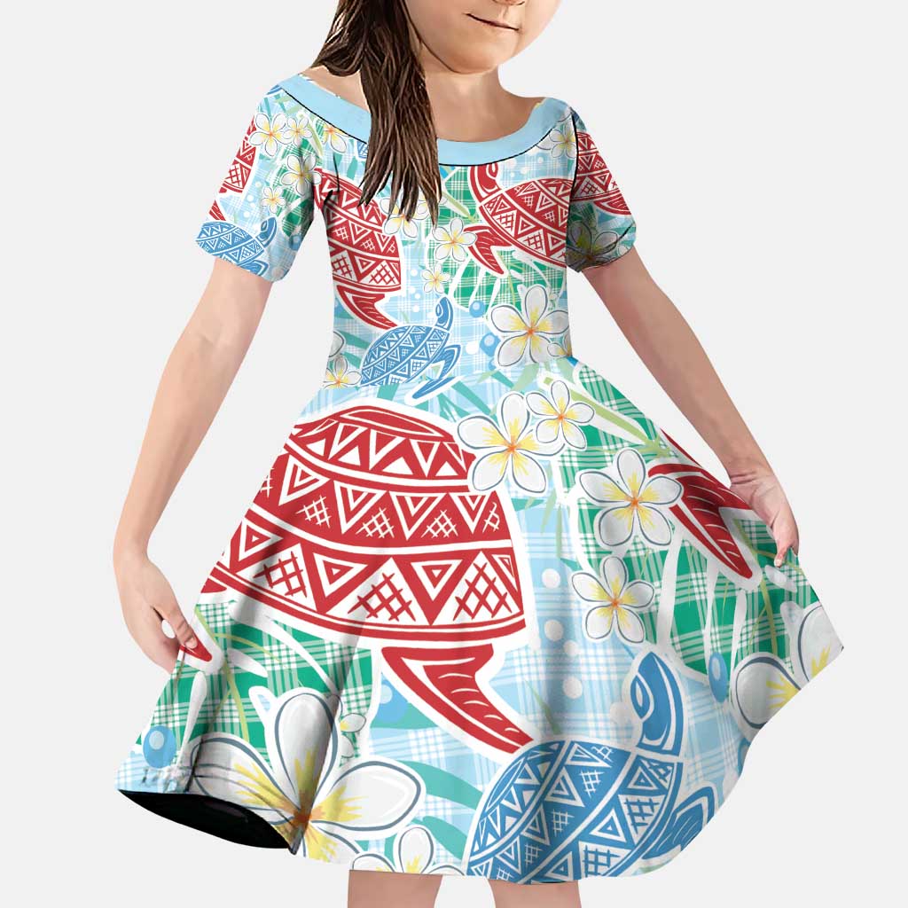 Palaka with Honu and Plumeria Family Matching Puletasi and Hawaiian Shirt Hawaiian Heritage Spirit LT9 Daughter's Dress Blue - Polynesian Pride
