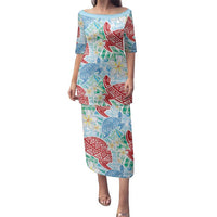 Palaka with Honu and Plumeria Family Matching Puletasi and Hawaiian Shirt Hawaiian Heritage Spirit LT9 Mom's Dress Blue - Polynesian Pride