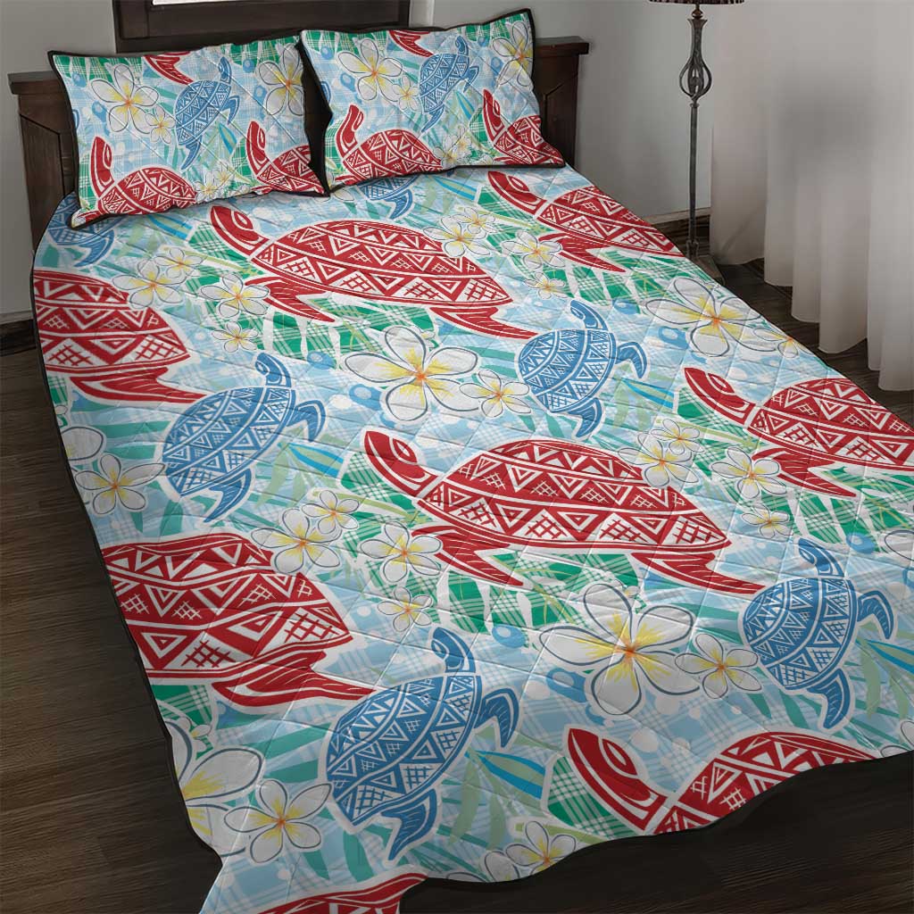 Palaka with Honu and Plumeria Quilt Bed Set Hawaiian Heritage Spirit LT9 Blue - Polynesian Pride