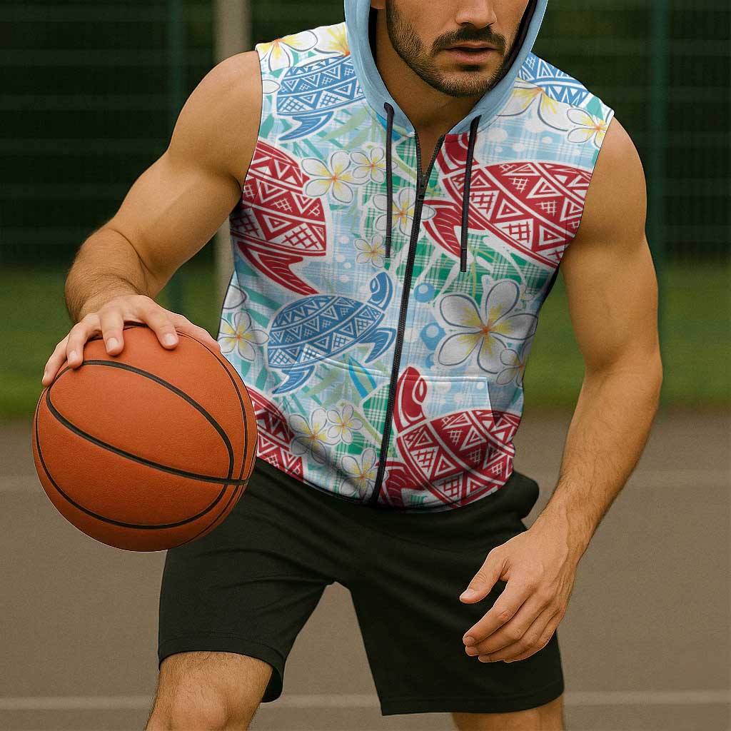 Palaka with Honu and Plumeria Sleeveless Zip Hoodie Hawaiian Heritage Spirit - Polynesian Pride