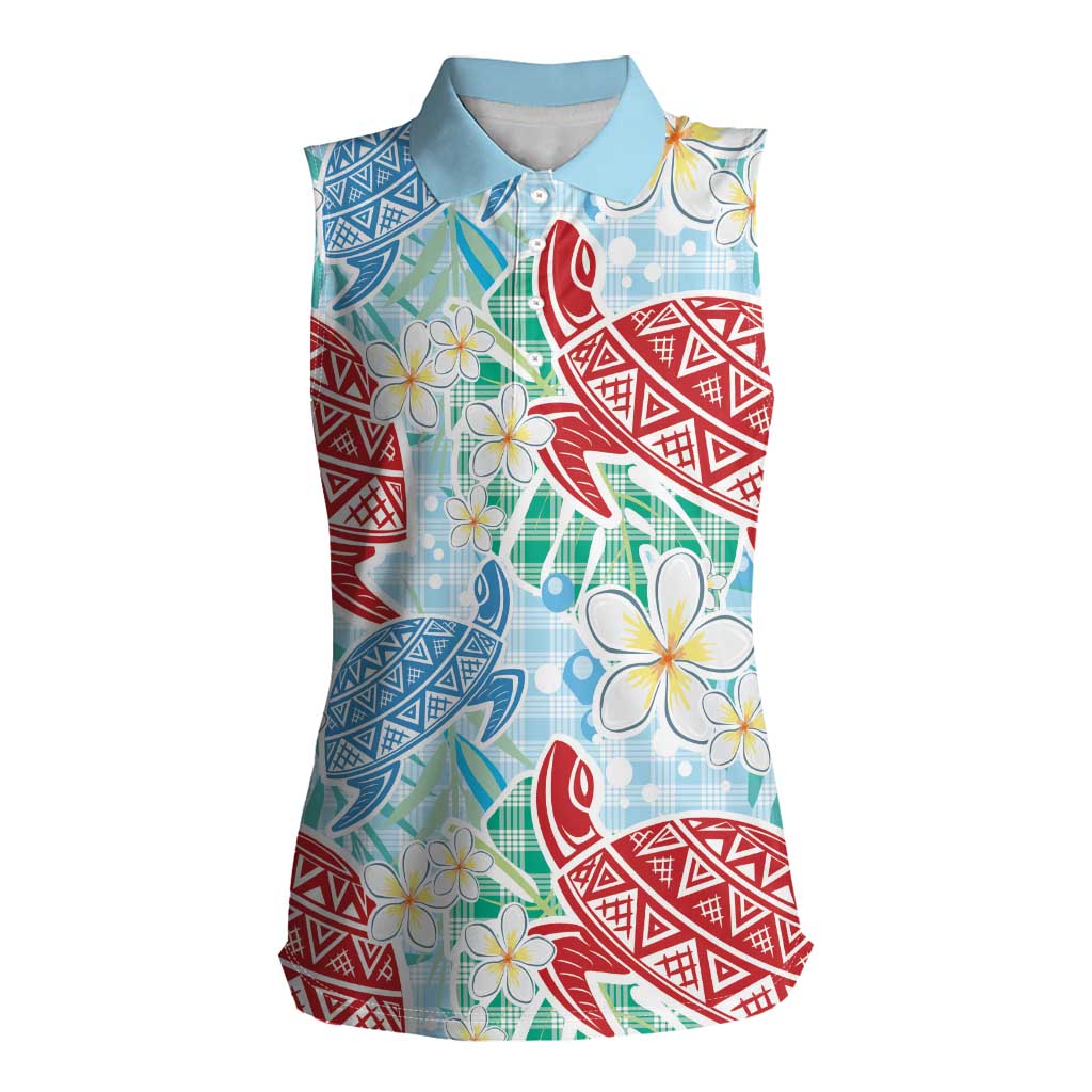 Palaka with Honu and Plumeria Women Sleeveless Polo Shirt Hawaiian Heritage Spirit LT9 Female Blue - Polynesian Pride