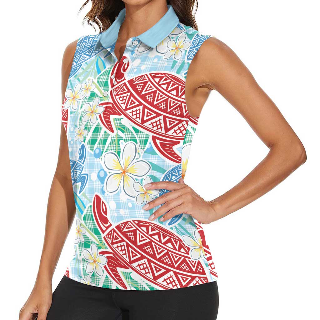 Palaka with Honu and Plumeria Women Sleeveless Polo Shirt Hawaiian Heritage Spirit LT9 - Polynesian Pride