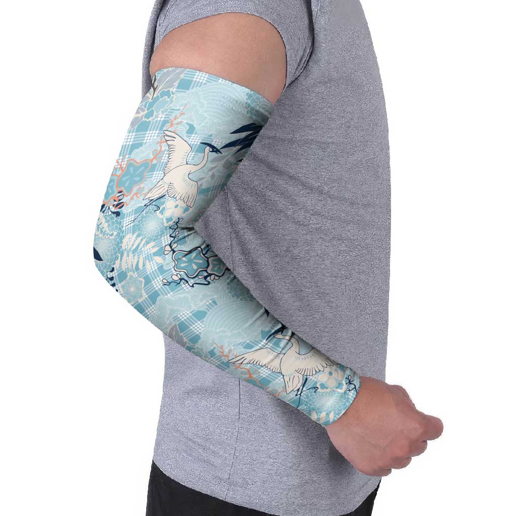 Blue Palaka Crane and Flowers Arm Sleeves Japan Heritage Spirit - Polynesian Pride