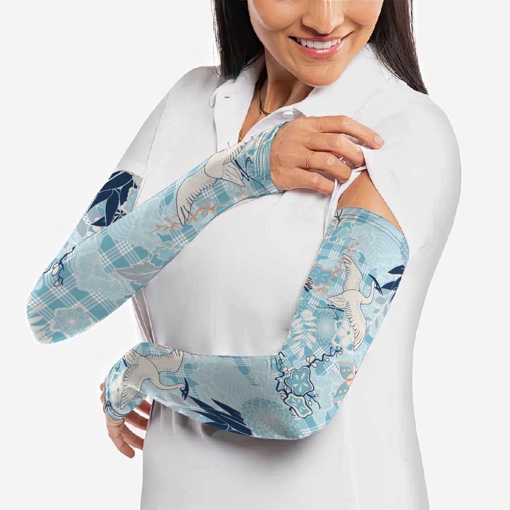 Blue Palaka Crane and Flowers Arm Sleeves Japan Heritage Spirit - Polynesian Pride