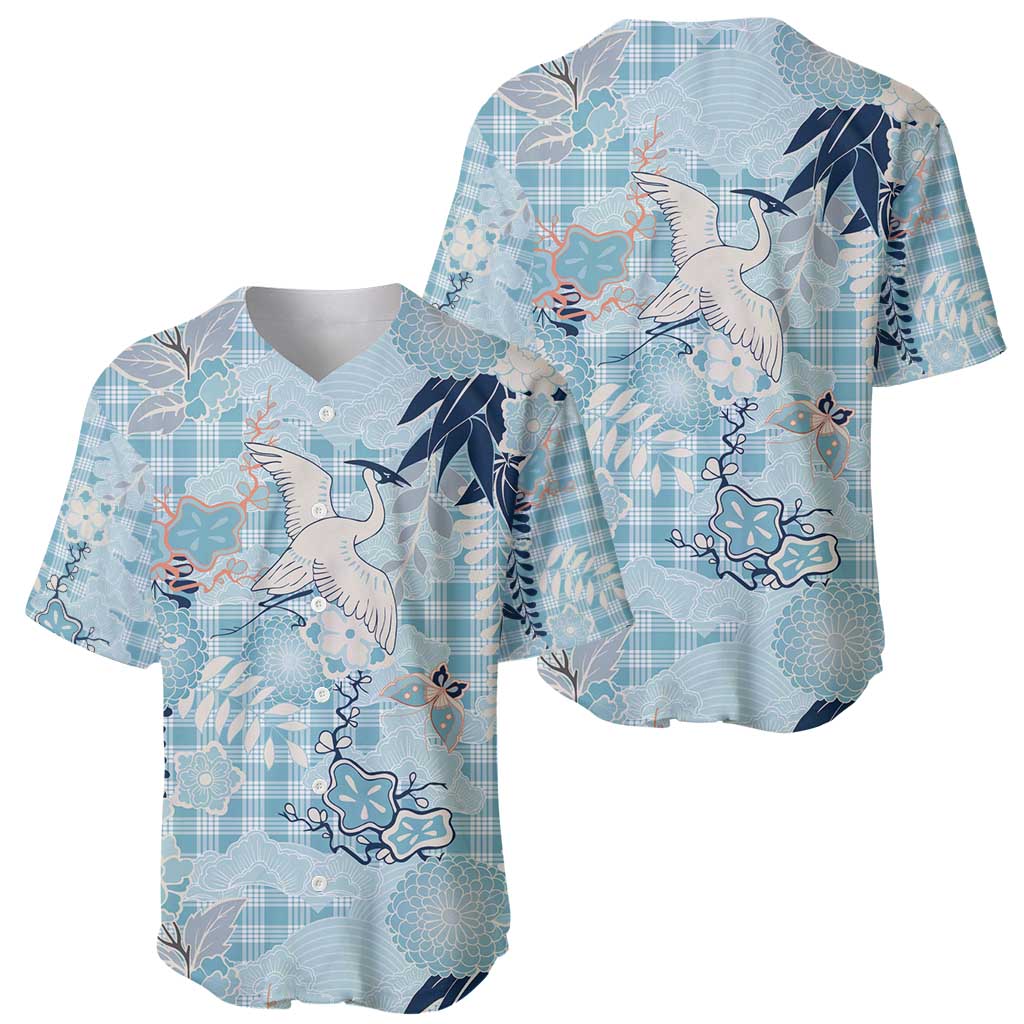 Blue Palaka Crane and Flowers Baseball Jersey Japan Heritage Spirit - Polynesian Pride