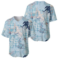 Blue Palaka Crane and Flowers Baseball Jersey Japan Heritage Spirit - Polynesian Pride