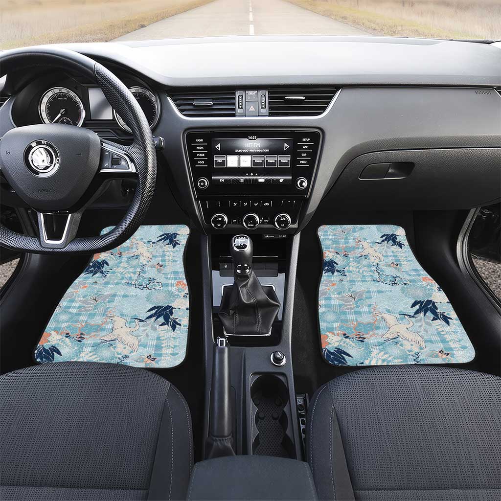 Blue Palaka Crane and Flowers Car Mats Japan Heritage Spirit - Polynesian Pride