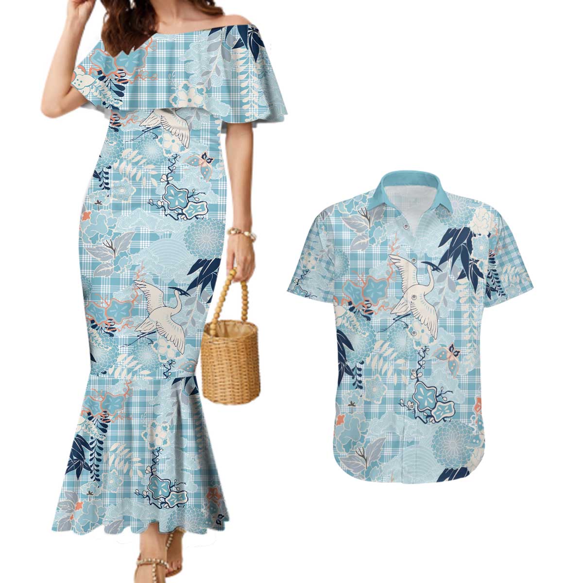 Blue Palaka Crane and Flowers Couples Matching Mermaid Dress and Hawaiian Shirt Japan Heritage Spirit LT9 Blue - Polynesian Pride