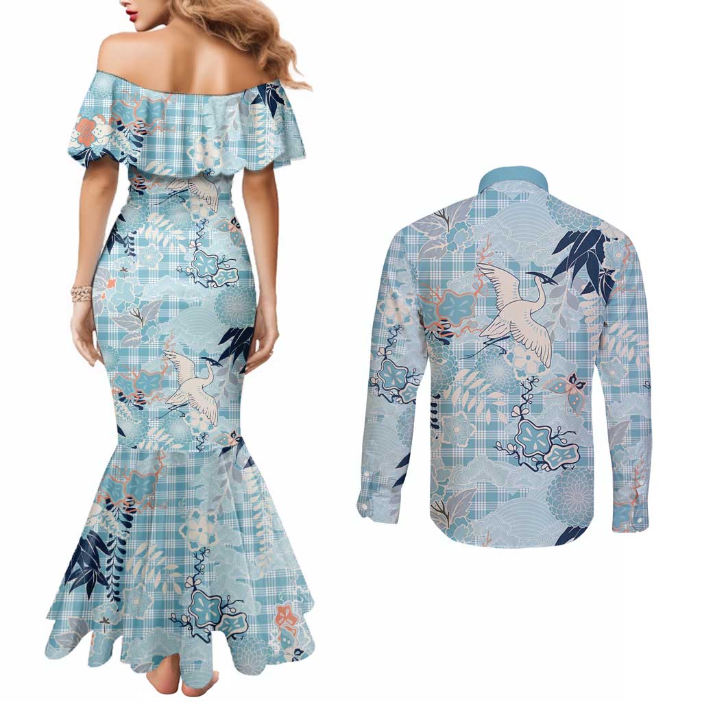 Blue Palaka Crane and Flowers Couples Matching Mermaid Dress and Long Sleeve Button Shirt Japan Heritage Spirit LT9 - Polynesian Pride