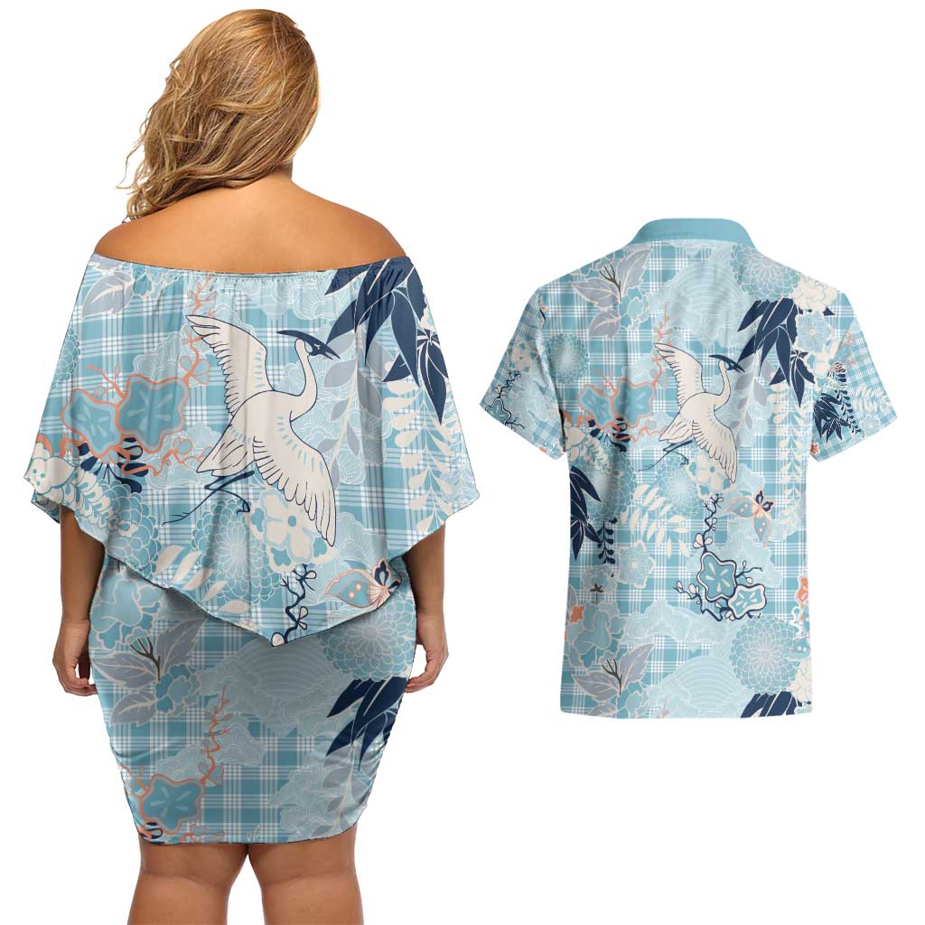 Blue Palaka Crane and Flowers Couples Matching Off Shoulder Short Dress and Hawaiian Shirt Japan Heritage Spirit LT9 - Polynesian Pride