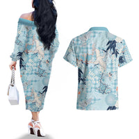 Blue Palaka Crane and Flowers Couples Matching Off The Shoulder Long Sleeve Dress and Hawaiian Shirt Japan Heritage Spirit LT9 - Polynesian Pride