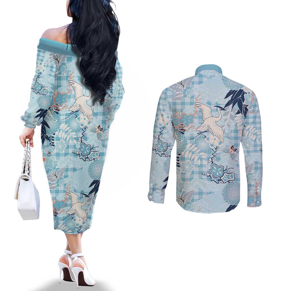Blue Palaka Crane and Flowers Couples Matching Off The Shoulder Long Sleeve Dress and Long Sleeve Button Shirt Japan Heritage Spirit LT9 - Polynesian Pride