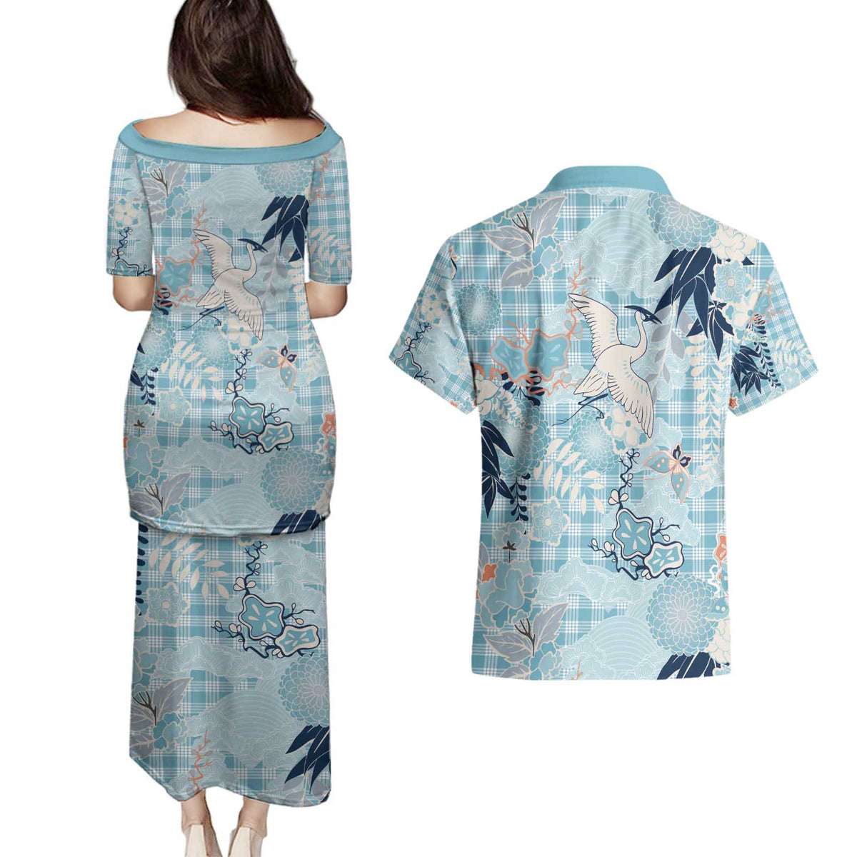 Blue Palaka Crane and Flowers Couples Matching Puletasi and Hawaiian Shirt Japan Heritage Spirit - Polynesian Pride