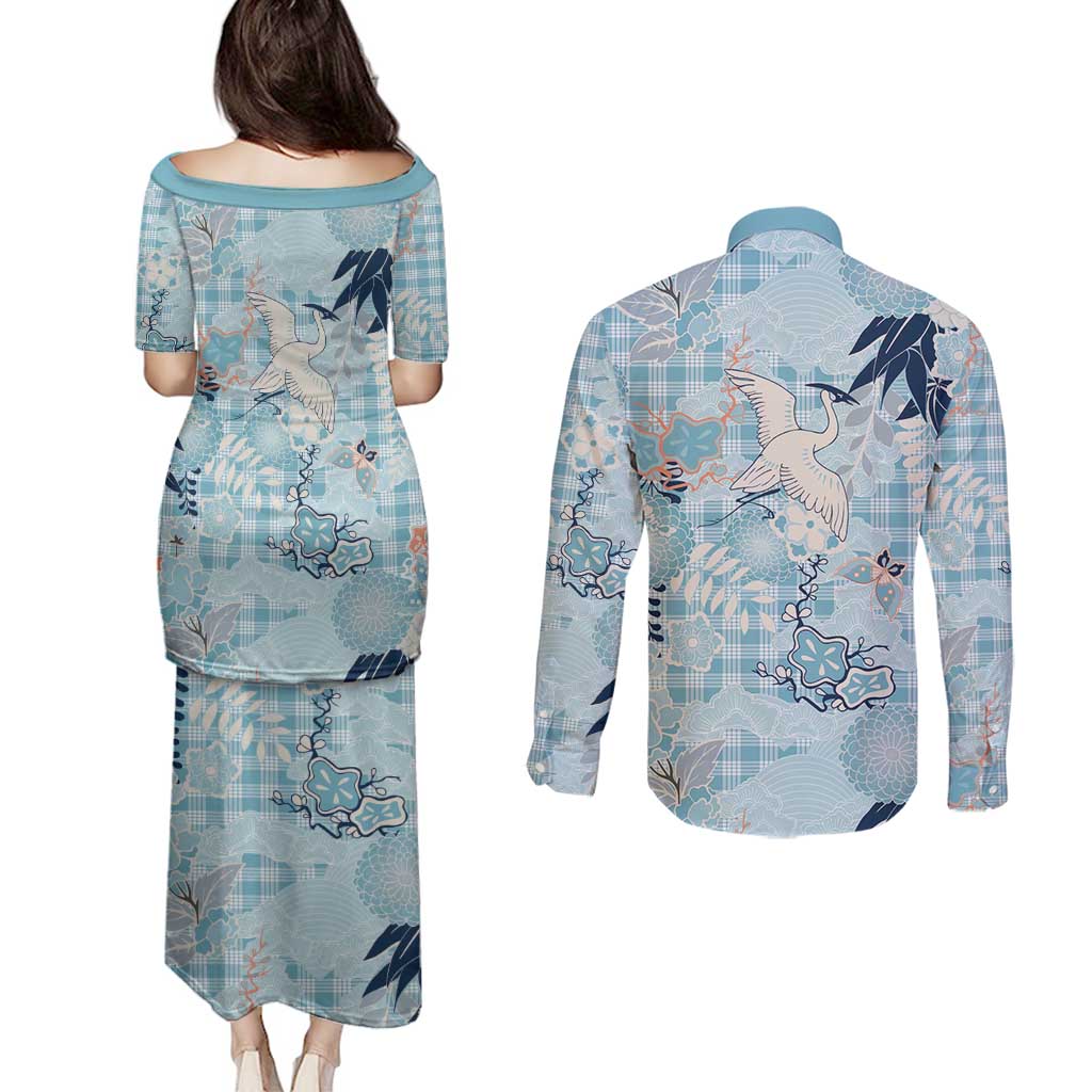 Blue Palaka Crane and Flowers Couples Matching Puletasi and Long Sleeve Button Shirt Japan Heritage Spirit - Polynesian Pride