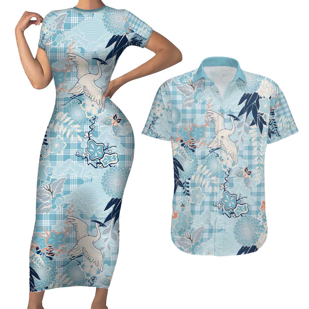 Blue Palaka Crane and Flowers Couples Matching Short Sleeve Bodycon Dress and Hawaiian Shirt Japan Heritage Spirit LT9 Blue - Polynesian Pride