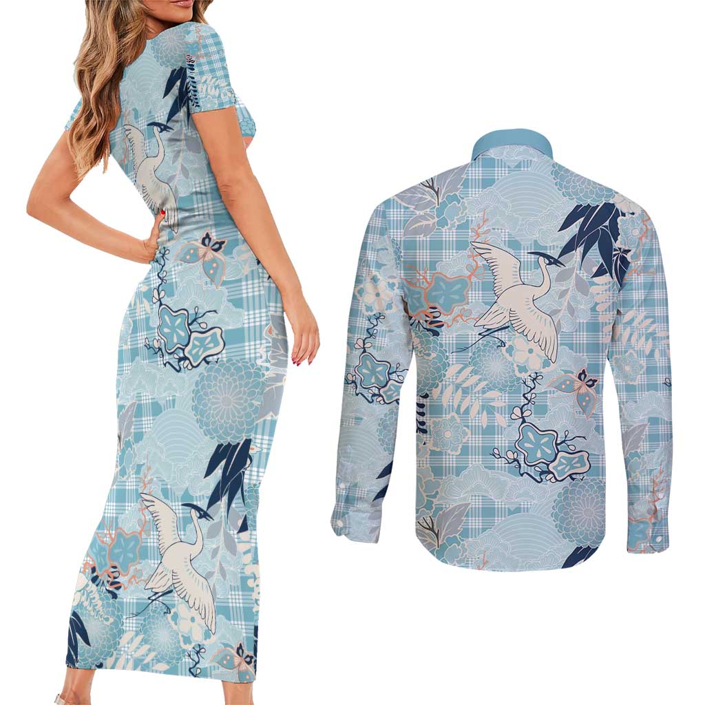 Blue Palaka Crane and Flowers Couples Matching Short Sleeve Bodycon Dress and Long Sleeve Button Shirt Japan Heritage Spirit LT9 - Polynesian Pride