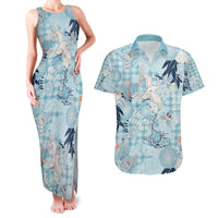 Blue Palaka Crane and Flowers Couples Matching Tank Maxi Dress and Hawaiian Shirt Japan Heritage Spirit LT9 Blue - Polynesian Pride
