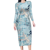 Blue Palaka Crane and Flowers Family Matching Long Sleeve Bodycon Dress and Hawaiian Shirt Japan Heritage Spirit LT9 Mom's Dress Blue - Polynesian Pride