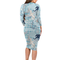 Blue Palaka Crane and Flowers Family Matching Long Sleeve Bodycon Dress and Hawaiian Shirt Japan Heritage Spirit LT9 - Polynesian Pride