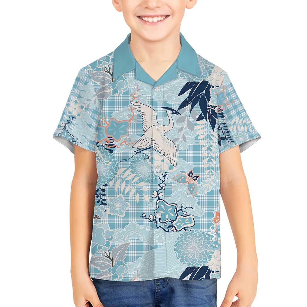 Blue Palaka Crane and Flowers Family Matching Long Sleeve Bodycon Dress and Hawaiian Shirt Japan Heritage Spirit LT9 Son's Shirt Blue - Polynesian Pride