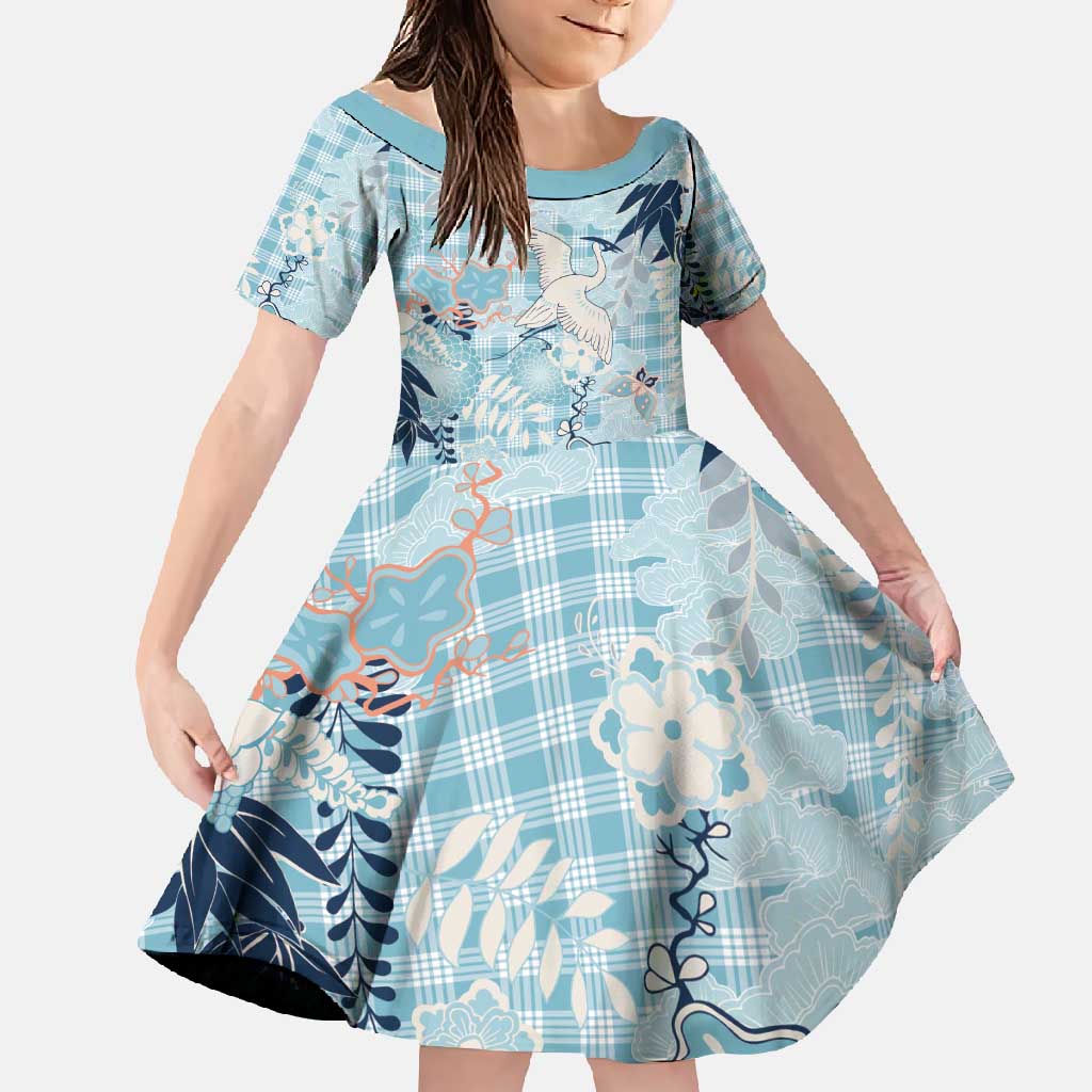 Blue Palaka Crane and Flowers Family Matching Mermaid Dress and Hawaiian Shirt Japan Heritage Spirit LT9 Daughter's Dress Blue - Polynesian Pride