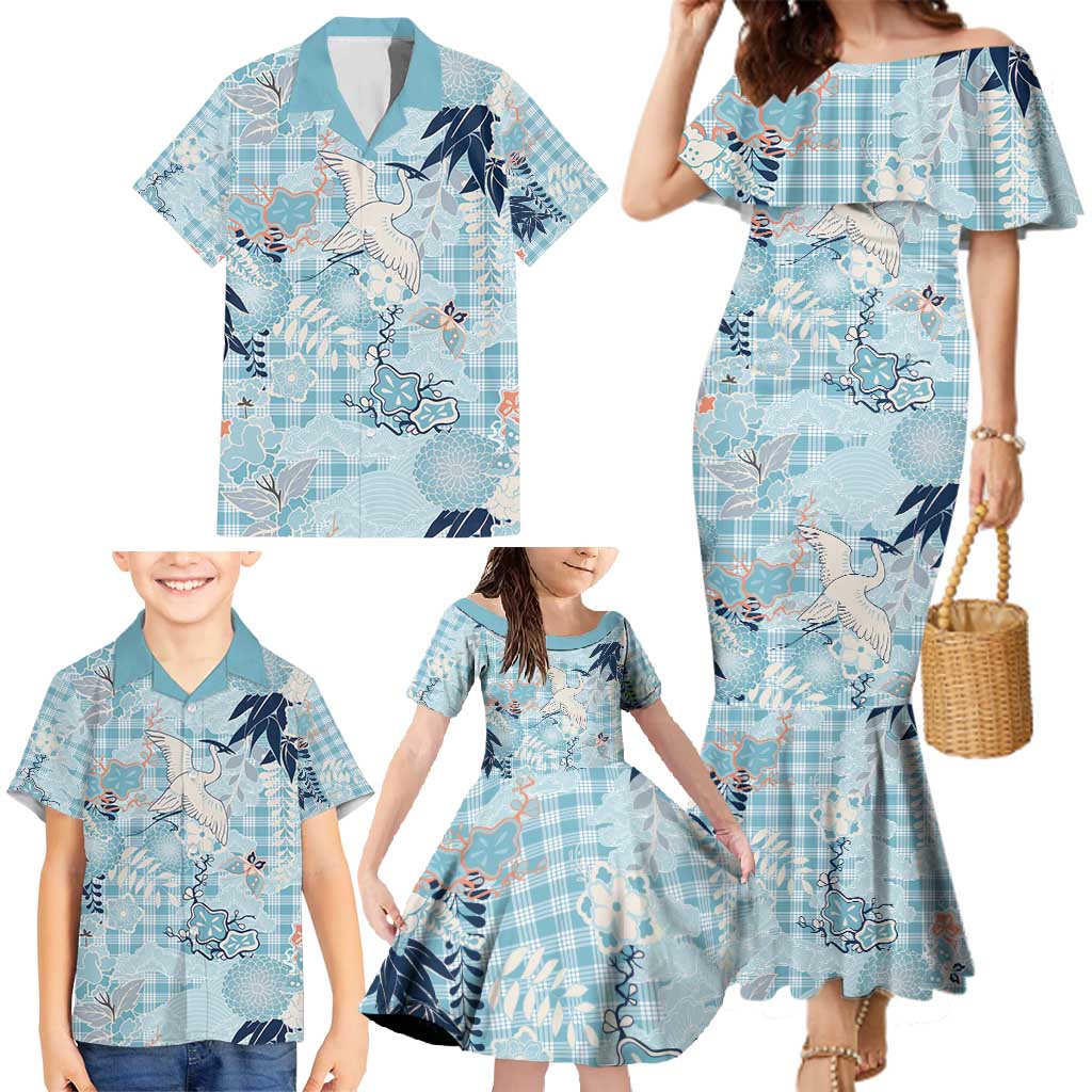 Blue Palaka Crane and Flowers Family Matching Mermaid Dress and Hawaiian Shirt Japan Heritage Spirit LT9 - Polynesian Pride