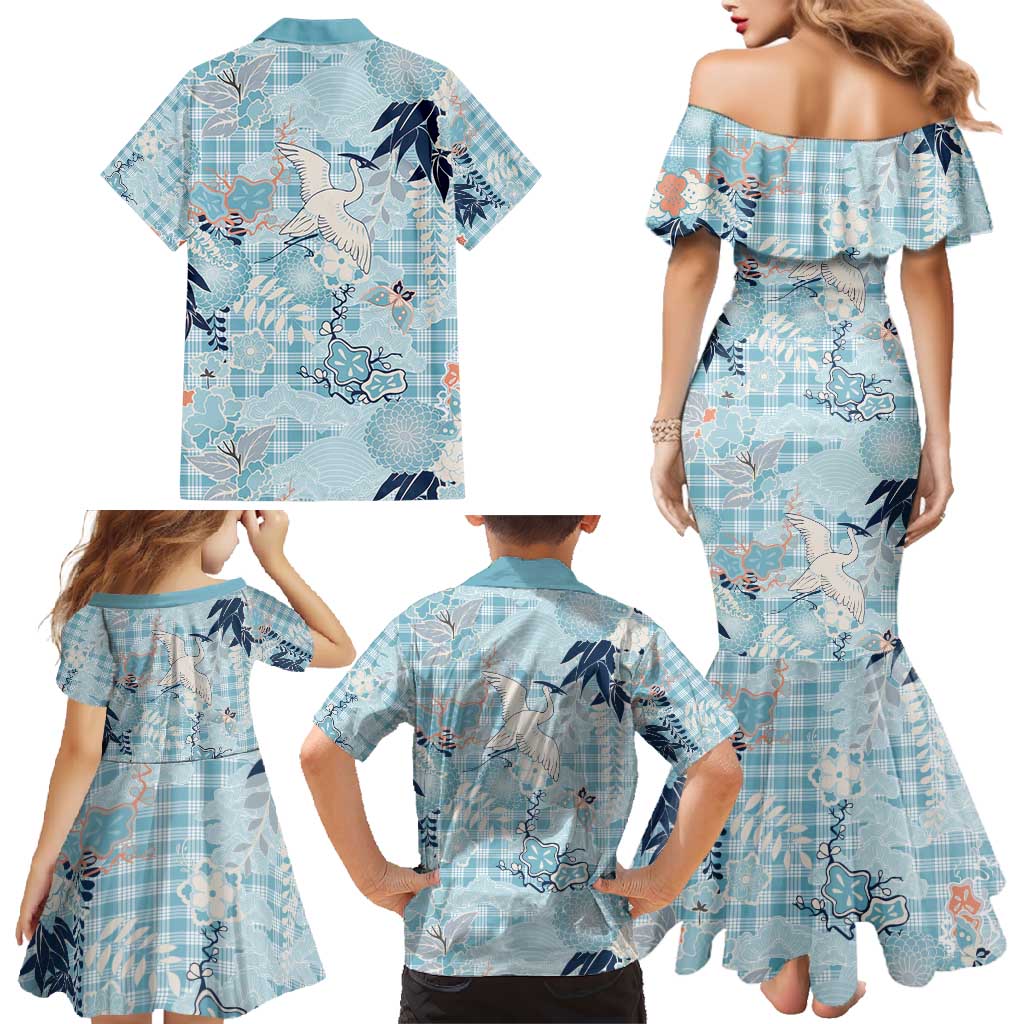 Blue Palaka Crane and Flowers Family Matching Mermaid Dress and Hawaiian Shirt Japan Heritage Spirit LT9 - Polynesian Pride