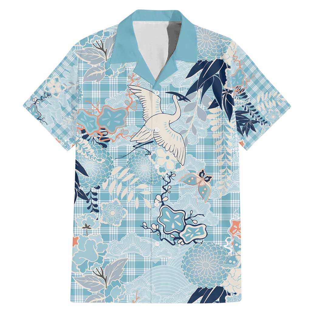 Blue Palaka Crane and Flowers Family Matching Mermaid Dress and Hawaiian Shirt Japan Heritage Spirit LT9 Dad's Shirt - Short Sleeve Blue - Polynesian Pride