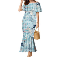 Blue Palaka Crane and Flowers Family Matching Mermaid Dress and Hawaiian Shirt Japan Heritage Spirit LT9 Mom's Dress Blue - Polynesian Pride