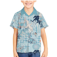 Blue Palaka Crane and Flowers Family Matching Mermaid Dress and Hawaiian Shirt Japan Heritage Spirit LT9 Son's Shirt Blue - Polynesian Pride