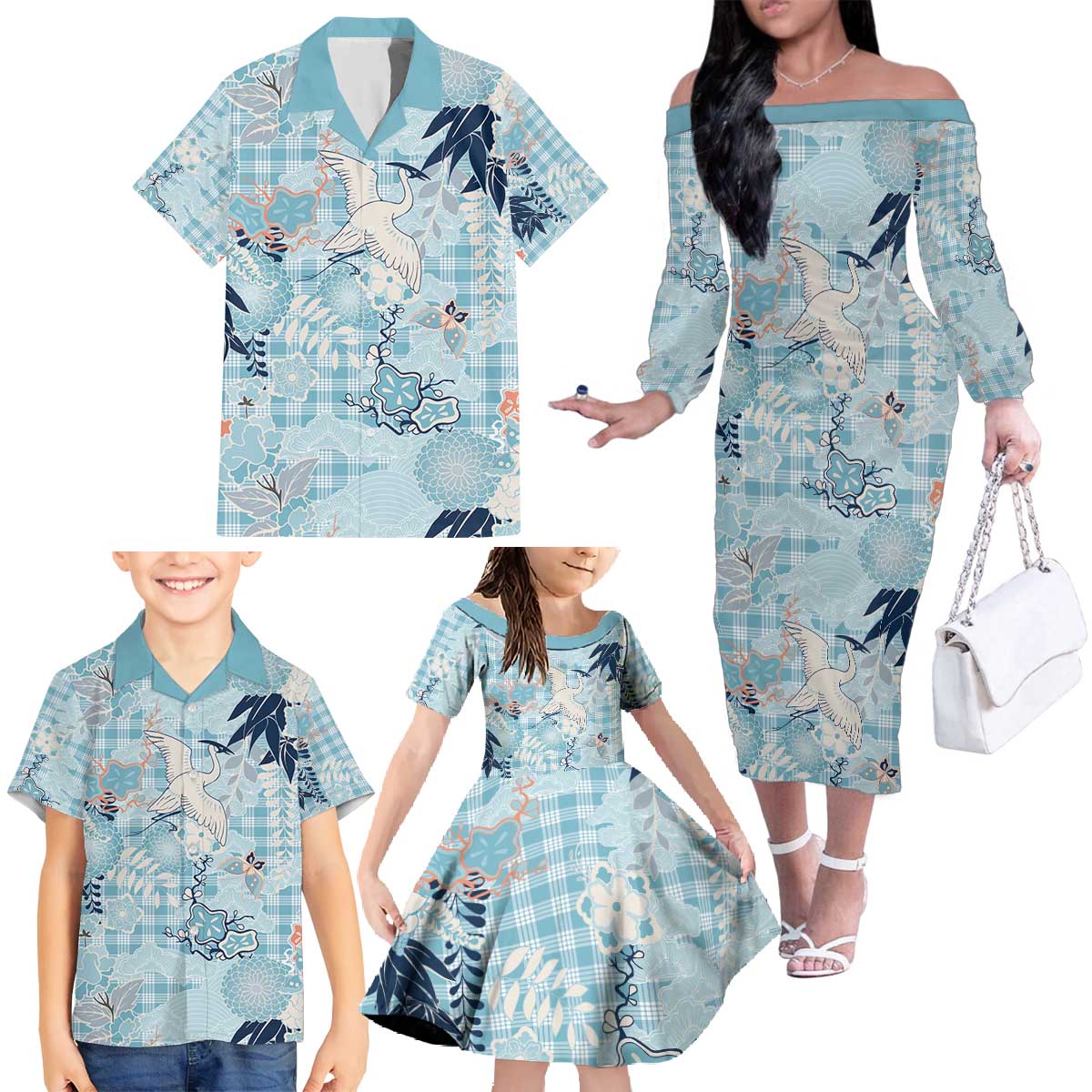 Blue Palaka Crane and Flowers Family Matching Off The Shoulder Long Sleeve Dress and Hawaiian Shirt Japan Heritage Spirit LT9 - Polynesian Pride