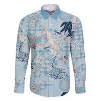 Blue Palaka Crane and Flowers Family Matching Off The Shoulder Long Sleeve Dress and Hawaiian Shirt Japan Heritage Spirit LT9 Dad's Shirt - Long Sleeve Blue - Polynesian Pride