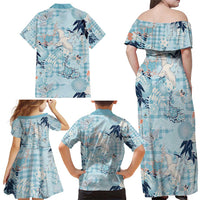 Blue Palaka Crane and Flowers Family Matching Off Shoulder Maxi Dress and Hawaiian Shirt Japan Heritage Spirit LT9 - Polynesian Pride