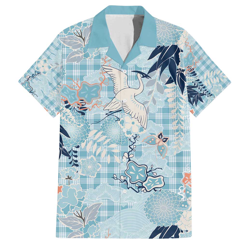 Blue Palaka Crane and Flowers Family Matching Off Shoulder Maxi Dress and Hawaiian Shirt Japan Heritage Spirit LT9 Dad's Shirt - Short Sleeve Blue - Polynesian Pride
