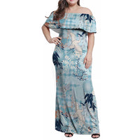 Blue Palaka Crane and Flowers Family Matching Off Shoulder Maxi Dress and Hawaiian Shirt Japan Heritage Spirit LT9 Mom's Dress Blue - Polynesian Pride