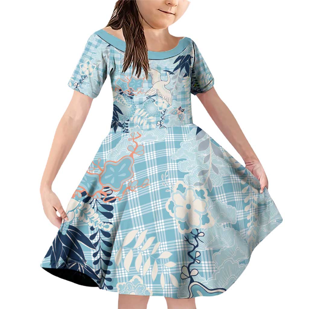 Blue Palaka Crane and Flowers Family Matching Off Shoulder Short Dress and Hawaiian Shirt Japan Heritage Spirit LT9 Daughter's Dress Blue - Polynesian Pride