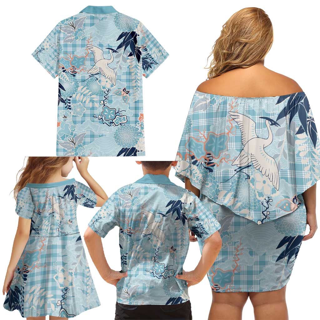 Blue Palaka Crane and Flowers Family Matching Off Shoulder Short Dress and Hawaiian Shirt Japan Heritage Spirit LT9 - Polynesian Pride
