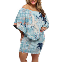 Blue Palaka Crane and Flowers Family Matching Off Shoulder Short Dress and Hawaiian Shirt Japan Heritage Spirit LT9 Mom's Dress Blue - Polynesian Pride