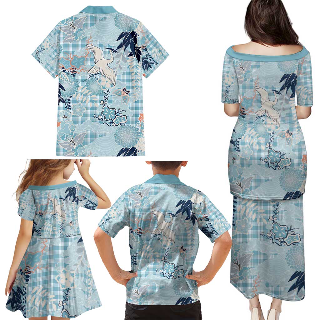 Blue Palaka Crane and Flowers Family Matching Puletasi and Hawaiian Shirt Japan Heritage Spirit LT9 - Polynesian Pride