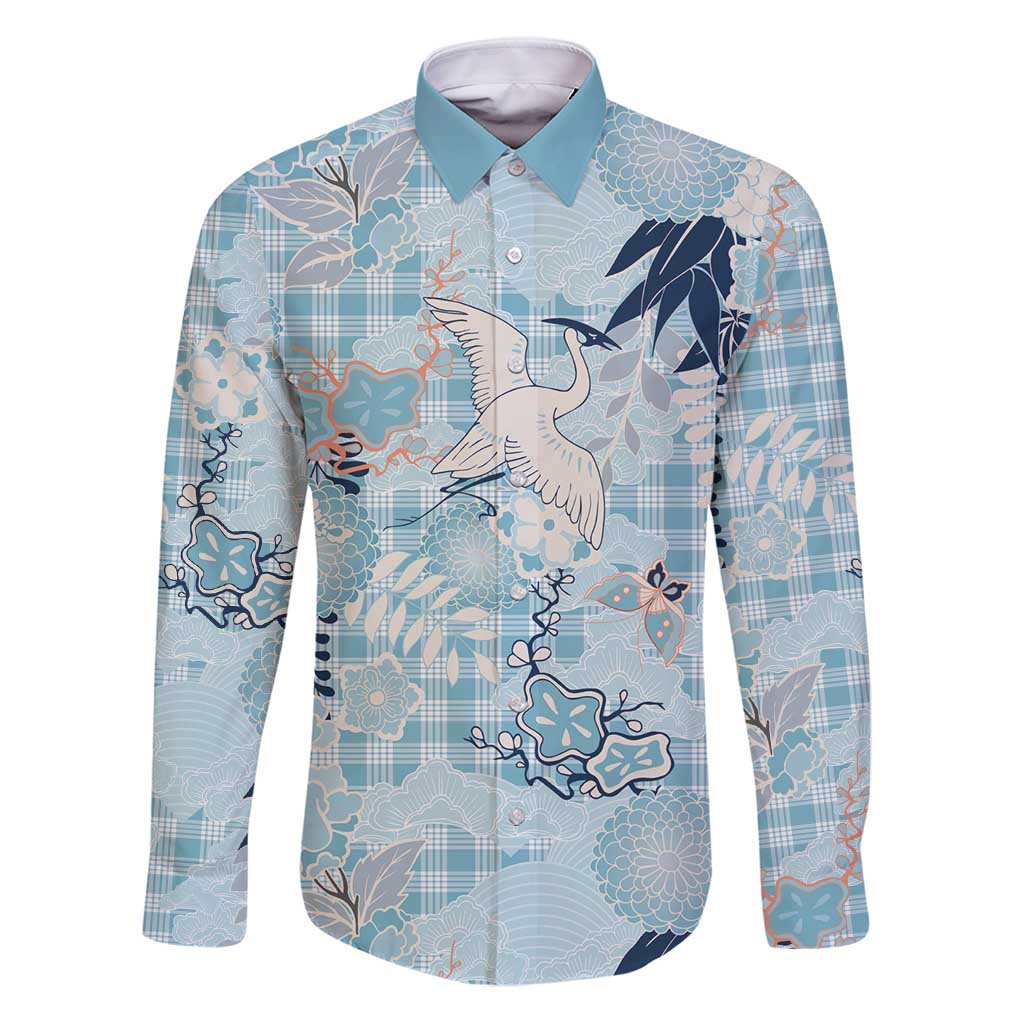 Blue Palaka Crane and Flowers Family Matching Puletasi and Hawaiian Shirt Japan Heritage Spirit LT9 Dad's Shirt - Long Sleeve Blue - Polynesian Pride