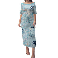 Blue Palaka Crane and Flowers Family Matching Puletasi and Hawaiian Shirt Japan Heritage Spirit LT9 Mom's Dress Blue - Polynesian Pride